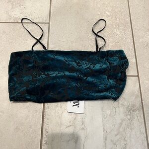 12th Tribe Teal and Black Velvet Crop Top with Floral Jacquard